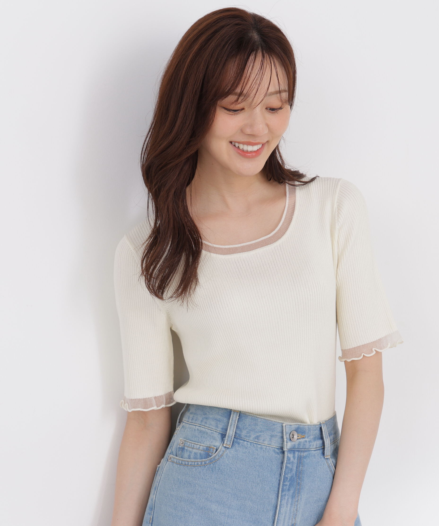 PROPORTION BODY DRESSING「半袖部分シアーリブニット」|ニット・セーター|エクリュ1
