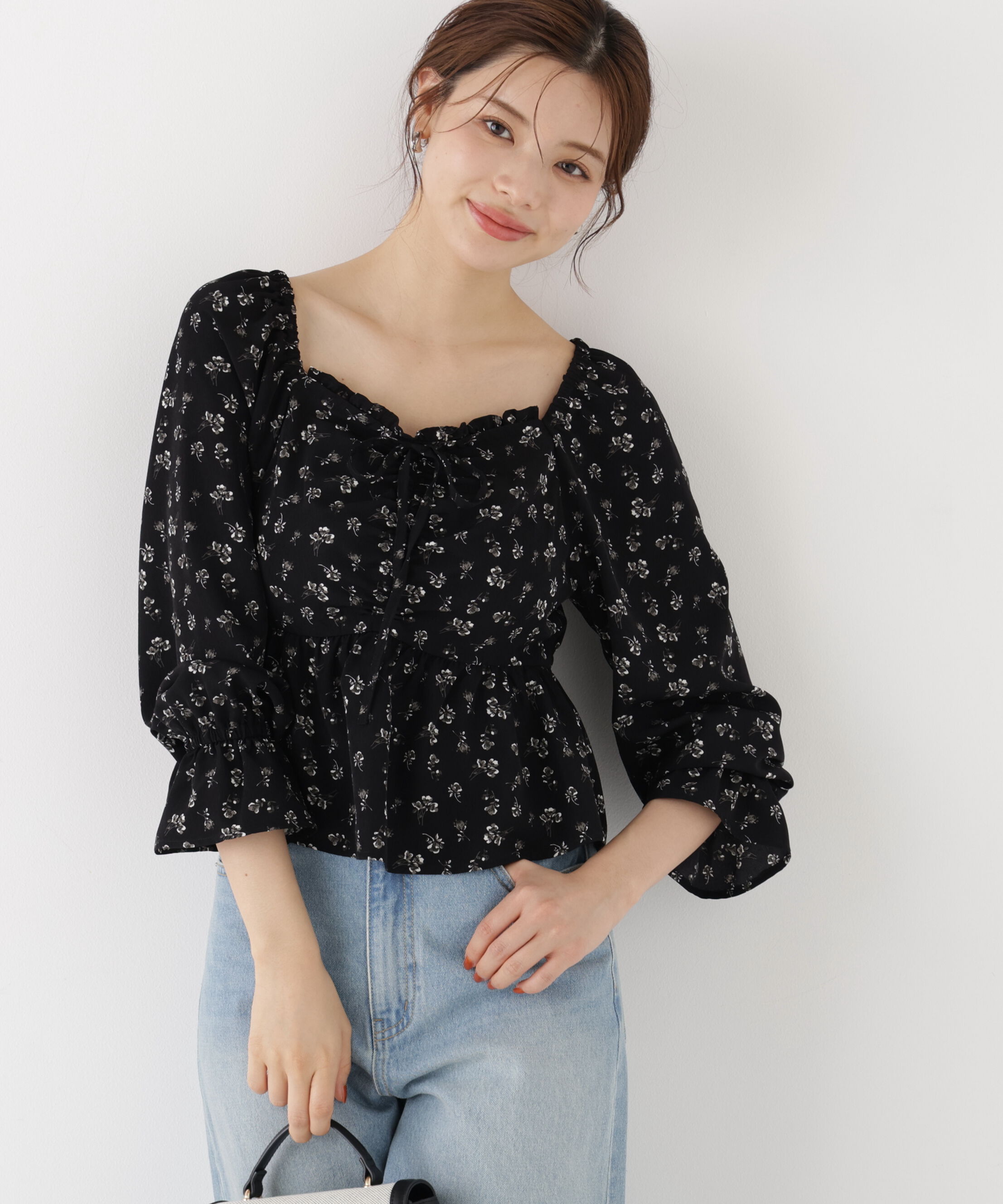 PROPORTION BODY DRESSING「フラワーパターンギャザーブラウス」|シャツ・ブラウス|ブラック