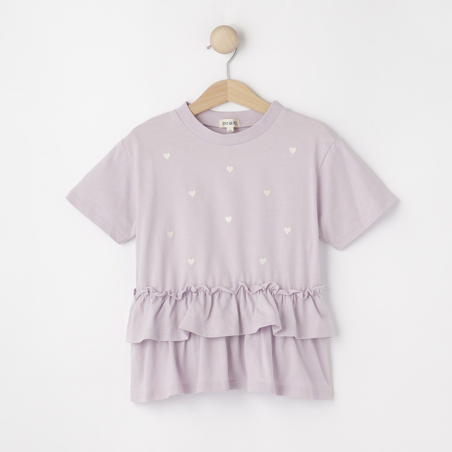 SHOO･LA･RUE「【100-150cm】裾フリルハート刺繍Tシャツ」|Tシャツ・カットソー|ラベンダー(080)