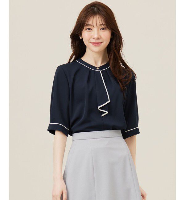 ANY SIS「【洗える】バイカラーラッフルボウ ブラウス」|シャツ・ブラウス|ネイビー