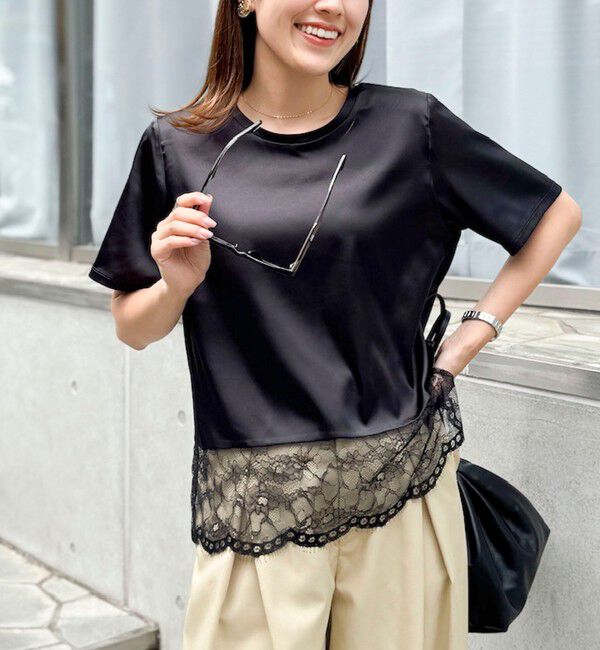 NOLLEY'S「ウォッシャブル裾レースオトナサテンＴシャツ」|シャツ・ブラウス|ブラック