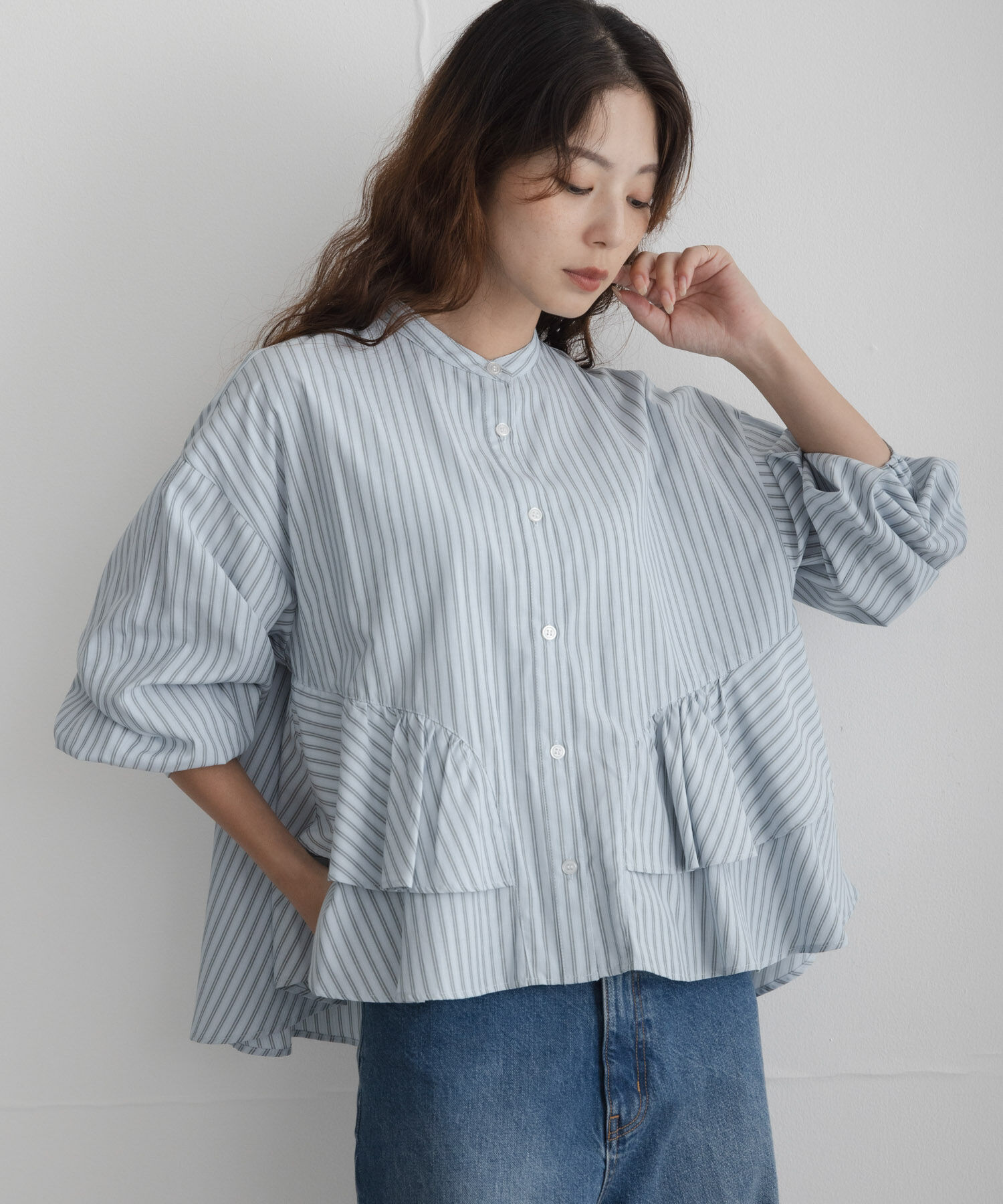 Sonny Label 「『WEB限定』バンドカラーフリルストライプシャツ」|シャツ・ブラウス|