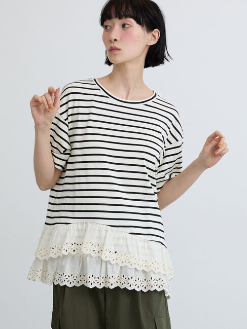 Samansa Mos2「【接触冷感】裾レースボーダーTシャツ」|Tシャツ・カットソー|