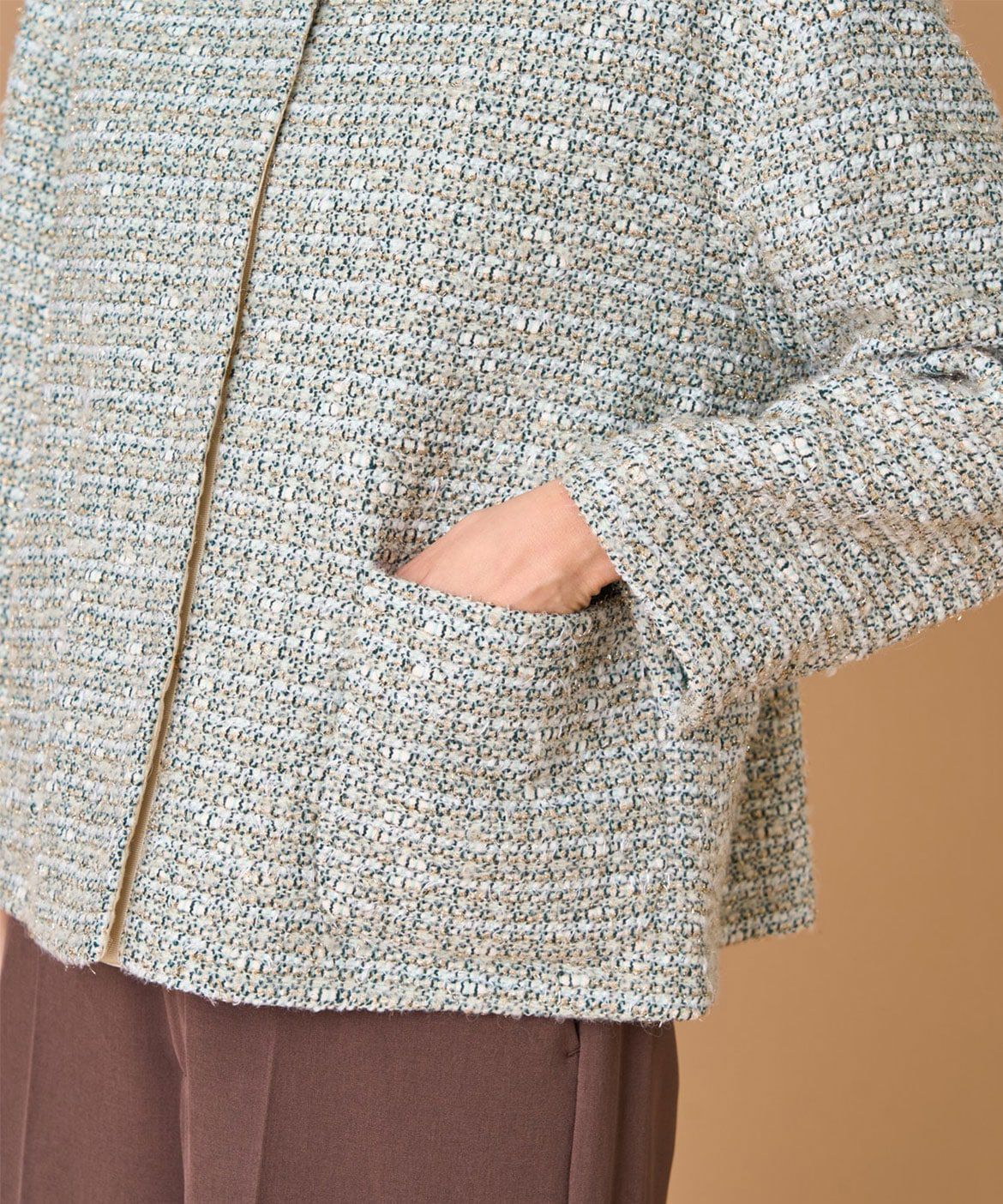 INED「《大きいサイズ》ツイードジャケット《LINTON》」|ノーカラージャケット|