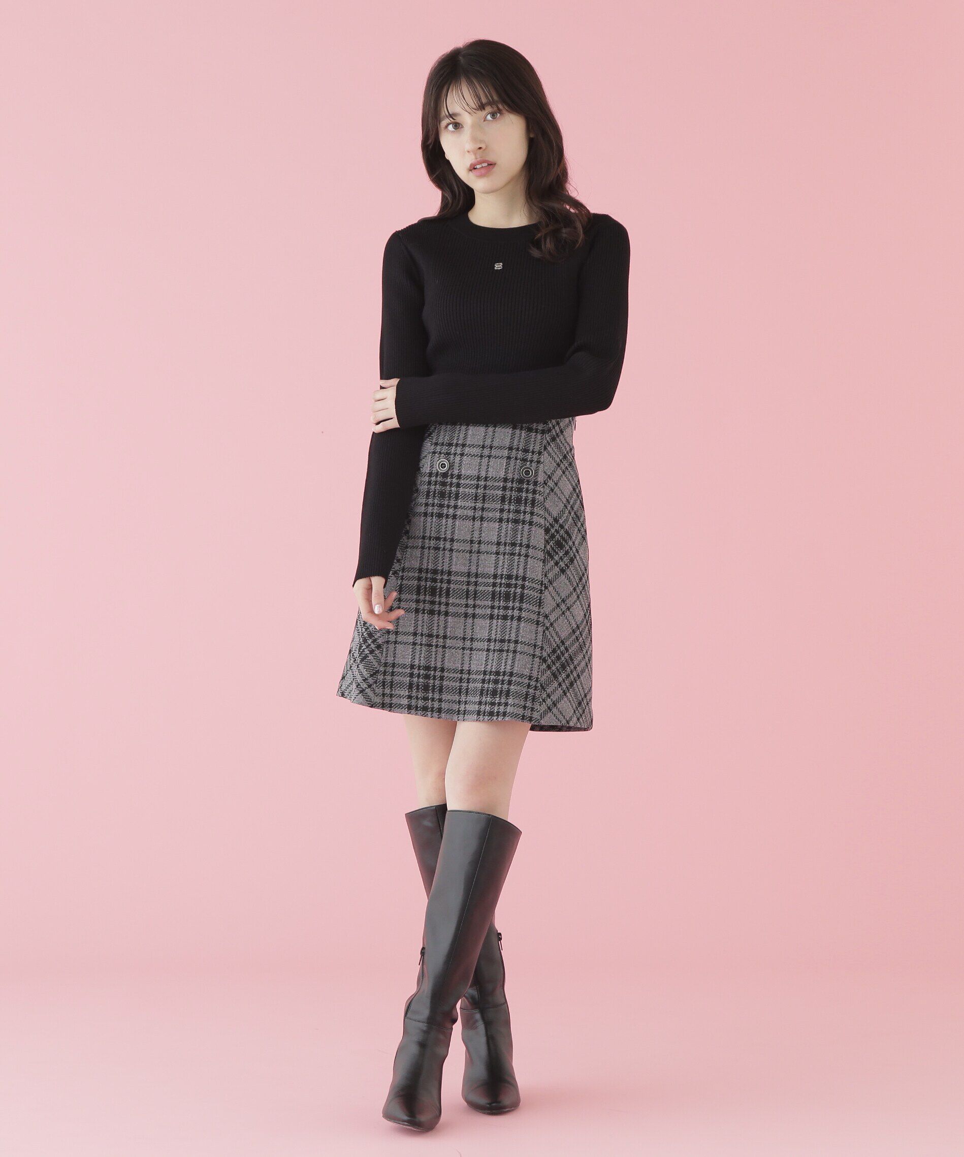  「長袖リブデザインロゴプレートニット」|ニット・セーター|