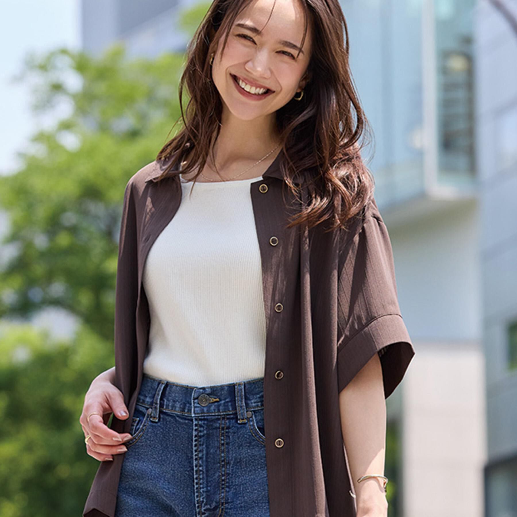 SHOO･LA･RUE「【通気性〇/UV/S-LL】洗濯後しわになりにくい とろみストライプシャツ」|シャツ・ブラウス|
