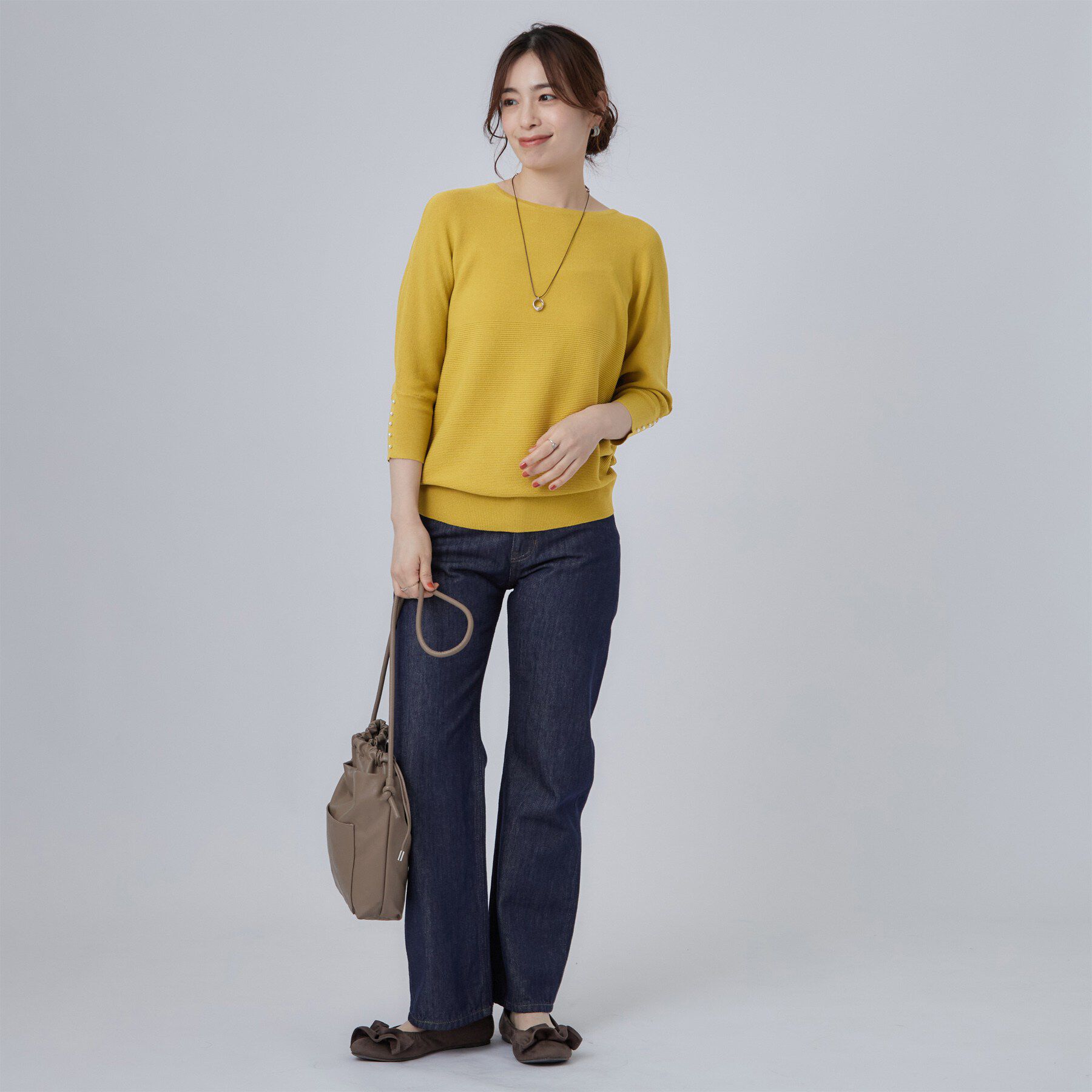 SHOO･LA･RUE「【毛玉になりにくい】パール調ボタンが女性らしさをプラス ガーター切替 7分袖ドルマンニット」|ニット・セーター|