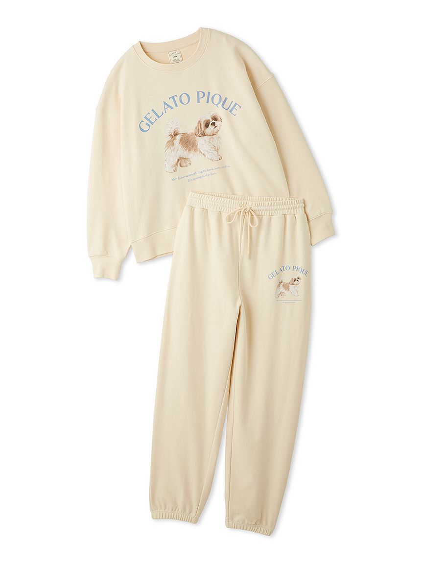 gelato pique「【ONLINE限定】【UVカット】お散歩ドッグワンポイント裏毛プルオーバー&ロングパンツセット」|ルームウェア|