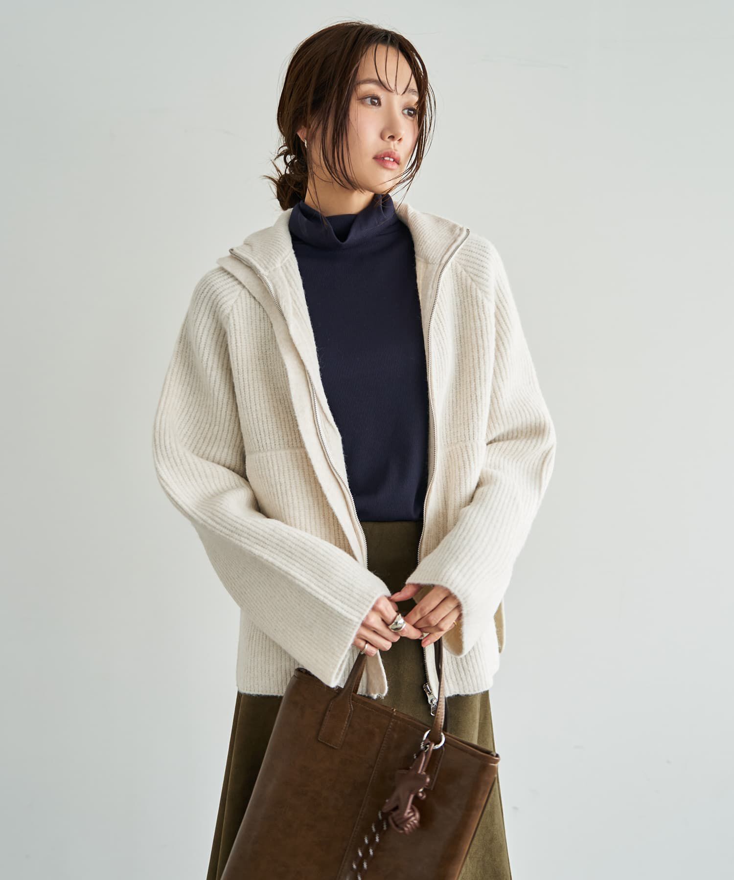 STYLE DELI「ダブルジップスタンドネックニットジャケット」|その他|アイボリー