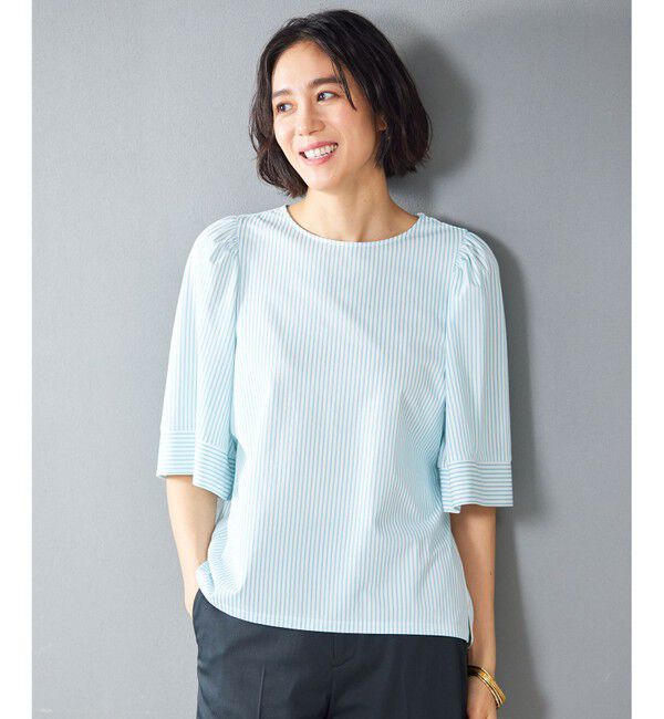 自由区「【洗える】リヨセルコットンストライプ カットソー」|Tシャツ・カットソー|オフ&times;サックス