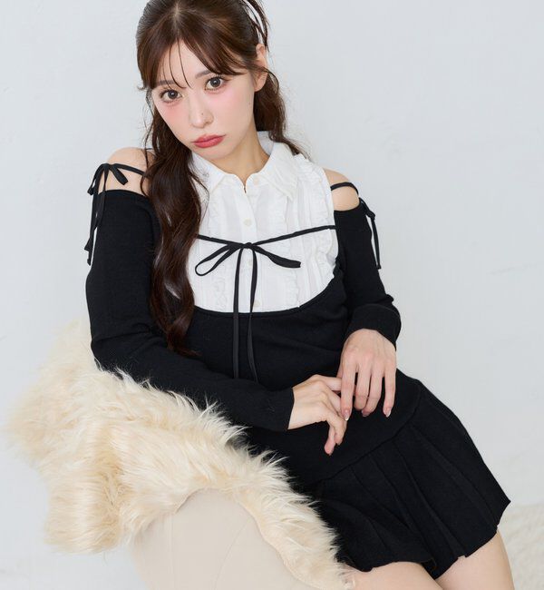  「【SMサイズ展開】肩あきフリルシャツドッキングワンピース」|ワンピース|