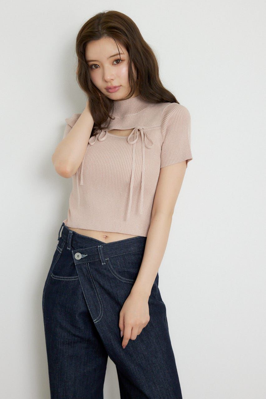 rienda「ウォッシャブルリボンハーフスリーブニットトップス」|ニット・セーター|PNK