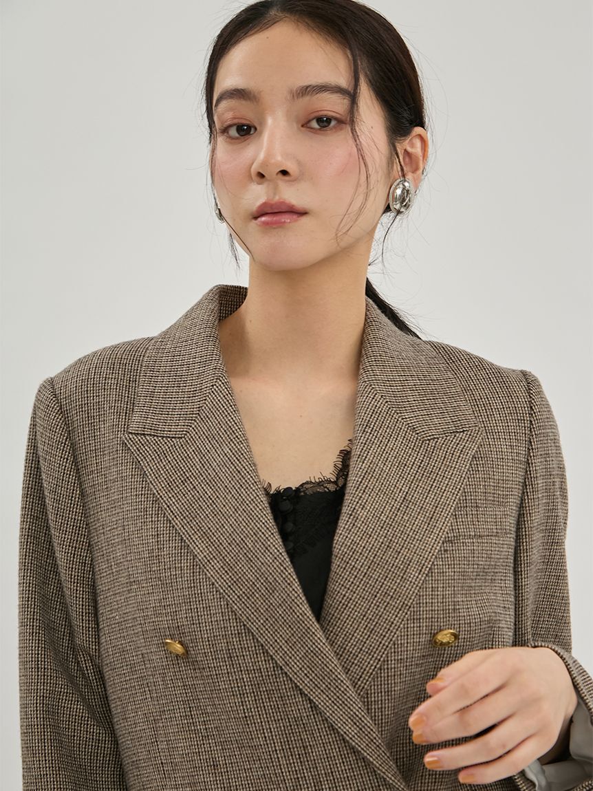 Mila Owen「金釦ダブルブレストチェックロングブレザー」|テーラードジャケット|