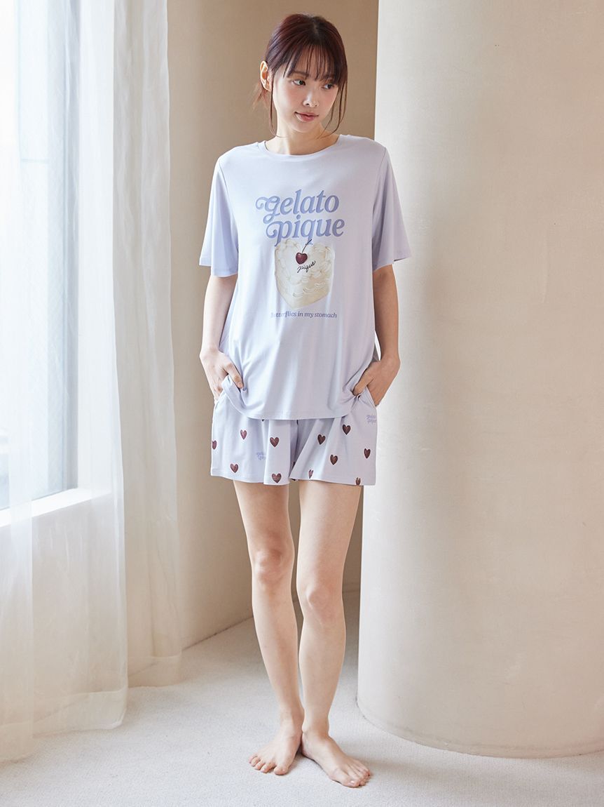 gelato pique「【ONLINE限定】【接触冷感】ケーキワンポイントTシャツ&ハート柄ショートパンツセット」|ルームウェア|