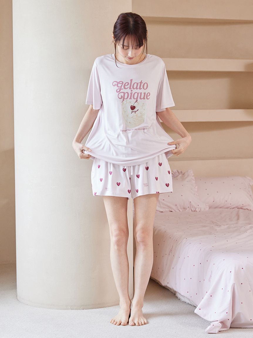 gelato pique「【ONLINE限定】【接触冷感】ケーキワンポイントTシャツ&ハート柄ショートパンツセット」|ルームウェア|