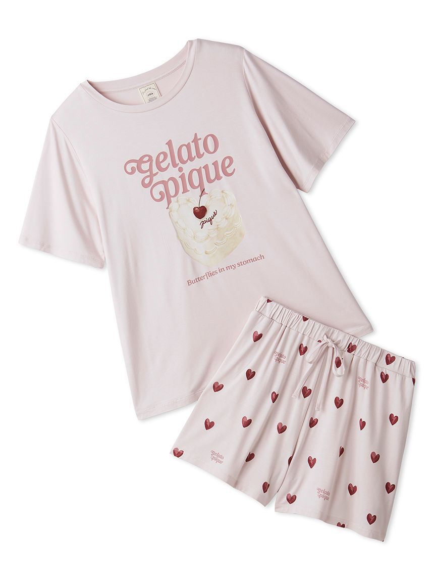 gelato pique「【ONLINE限定】【接触冷感】ケーキワンポイントTシャツ&ハート柄ショートパンツセット」|ルームウェア|PNK