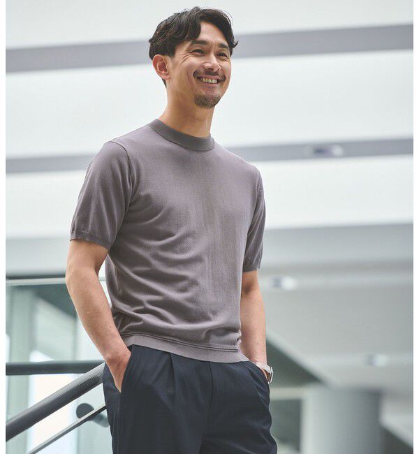 UNITED ARROWS green label relaxing「【WEB限定】JUST fit ジャケイン モックネック 半袖 ニット」|ニット・セーター|MD.GRAY