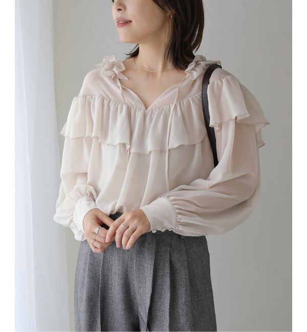  「【洗える】シフォンフリルブラウス」|シャツ・ブラウス|ベージュ