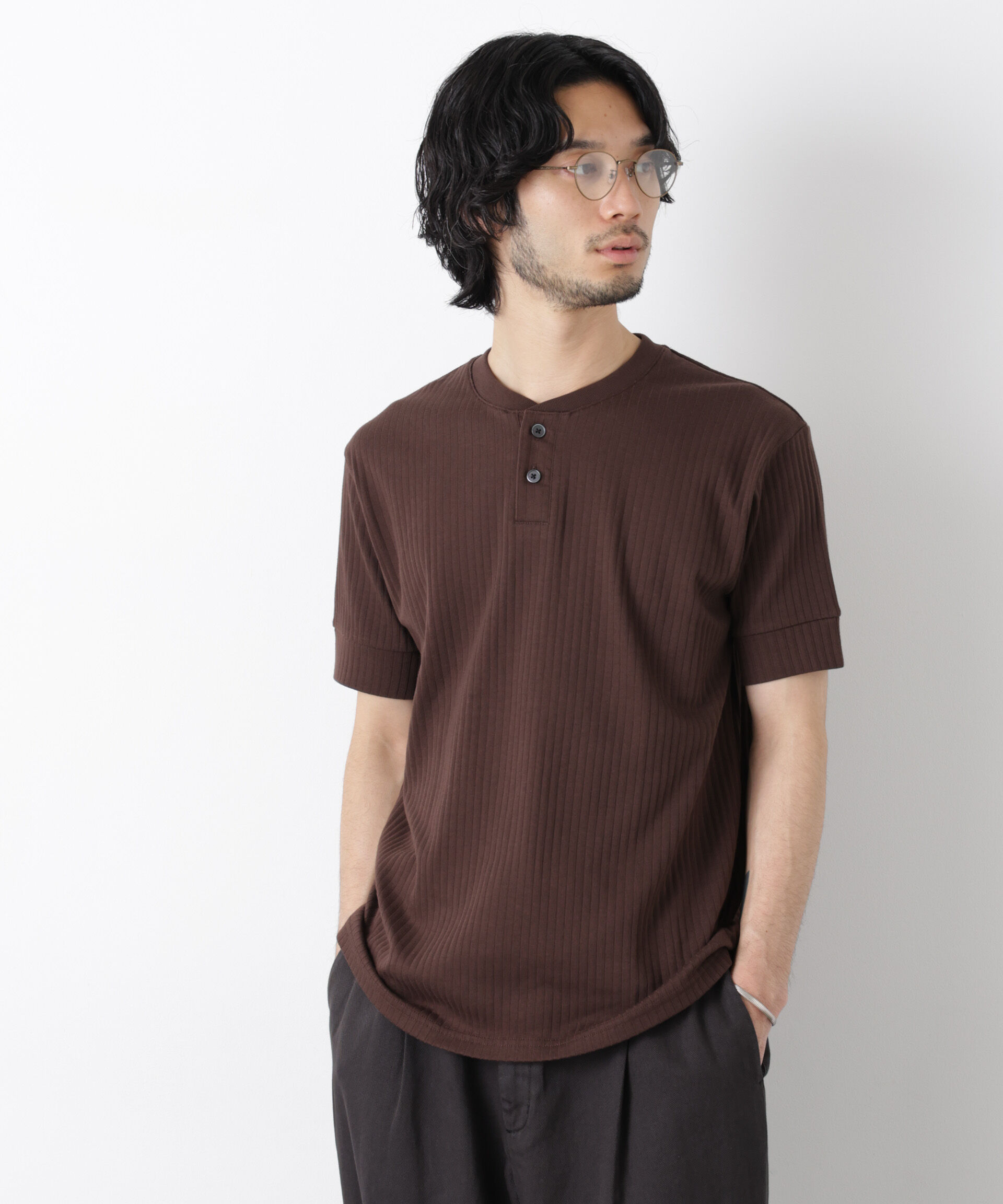 nano･universe「ワイドリブスタンダードヘンリーネックTシャツ 半袖」|Tシャツ・カットソー|