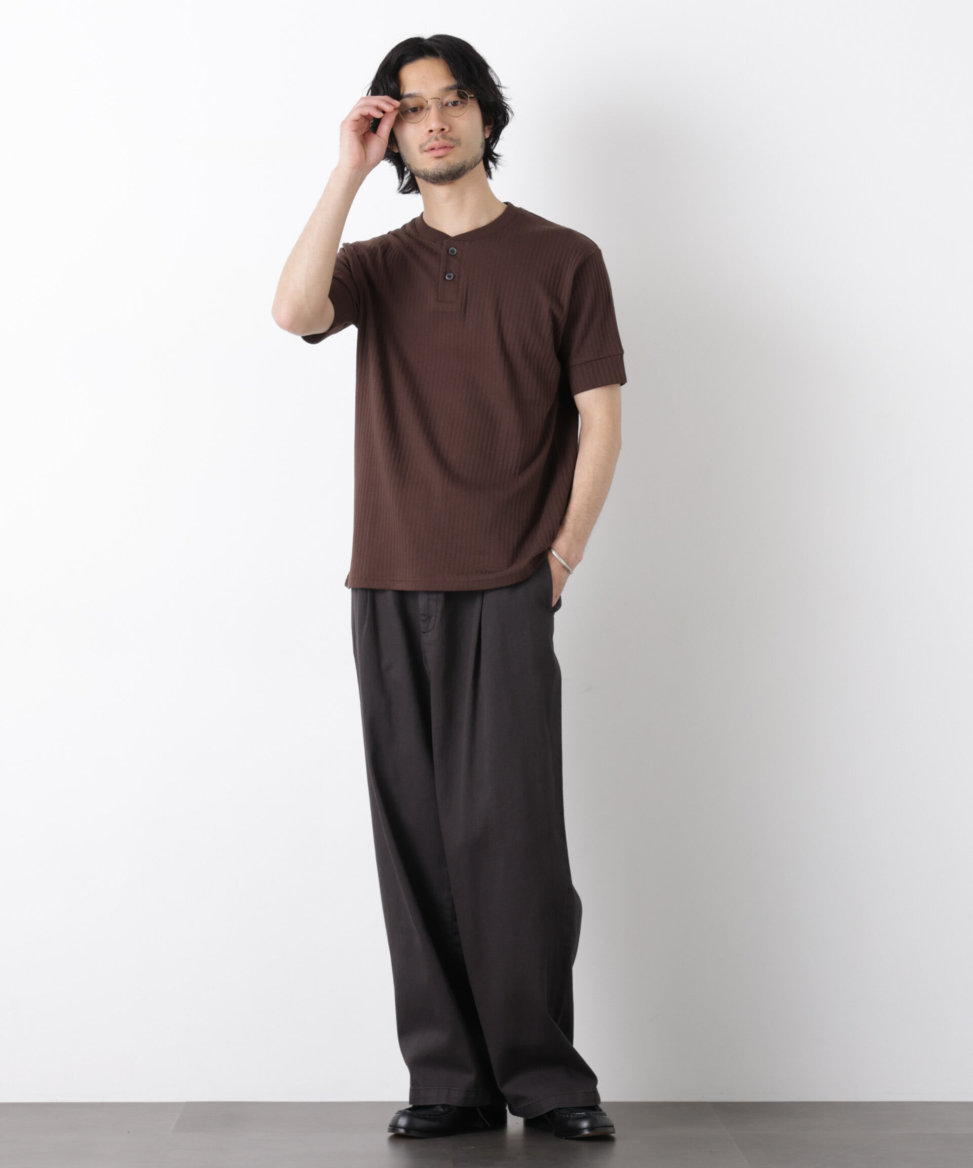 nano･universe「ワイドリブスタンダードヘンリーネックTシャツ 半袖」|Tシャツ・カットソー|
