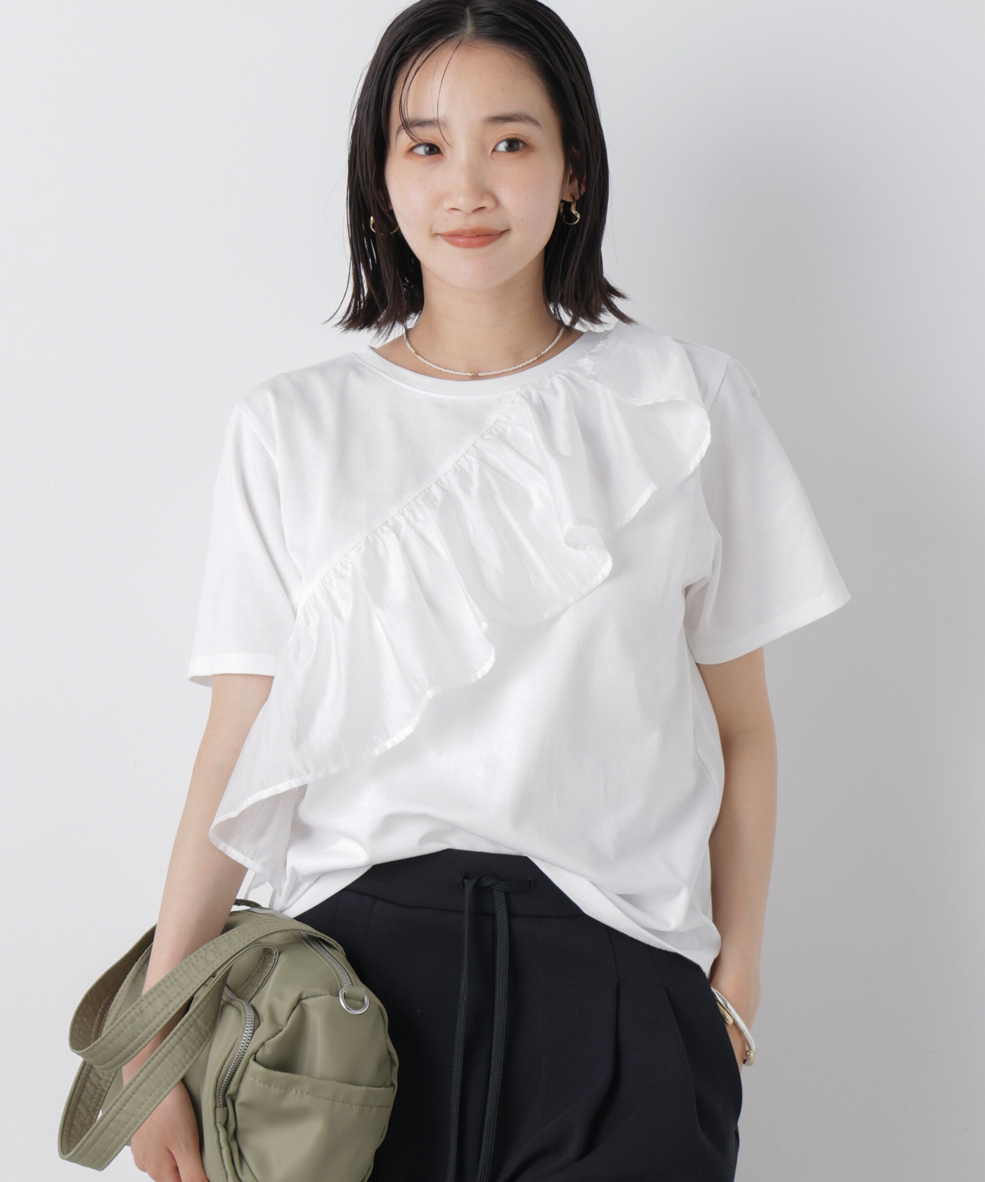 nano･universe「アシンメトリーフリル異素材コンビTシャツ」|Tシャツ・カットソー|