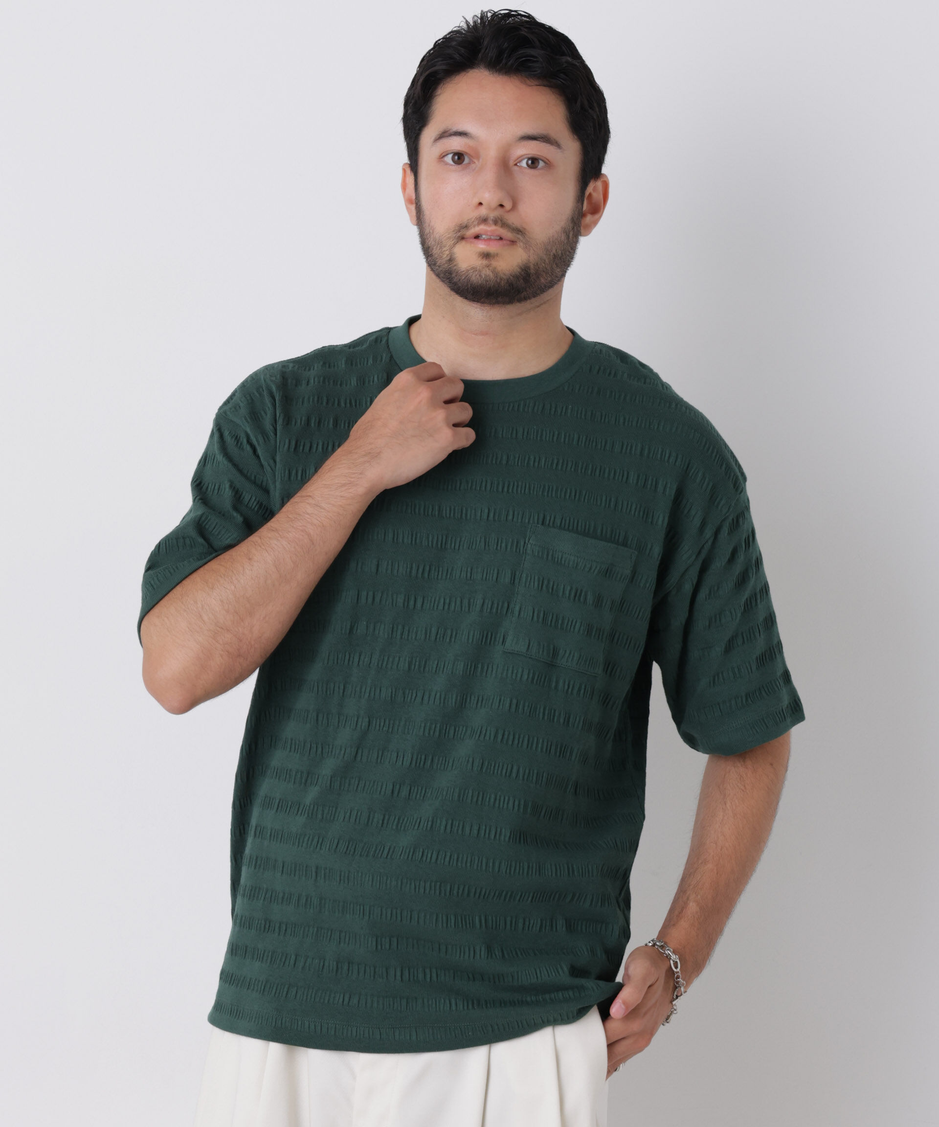 NANO universe「リブボーダーポケットTシャツ 半袖」|Tシャツ・カットソー|グリーン