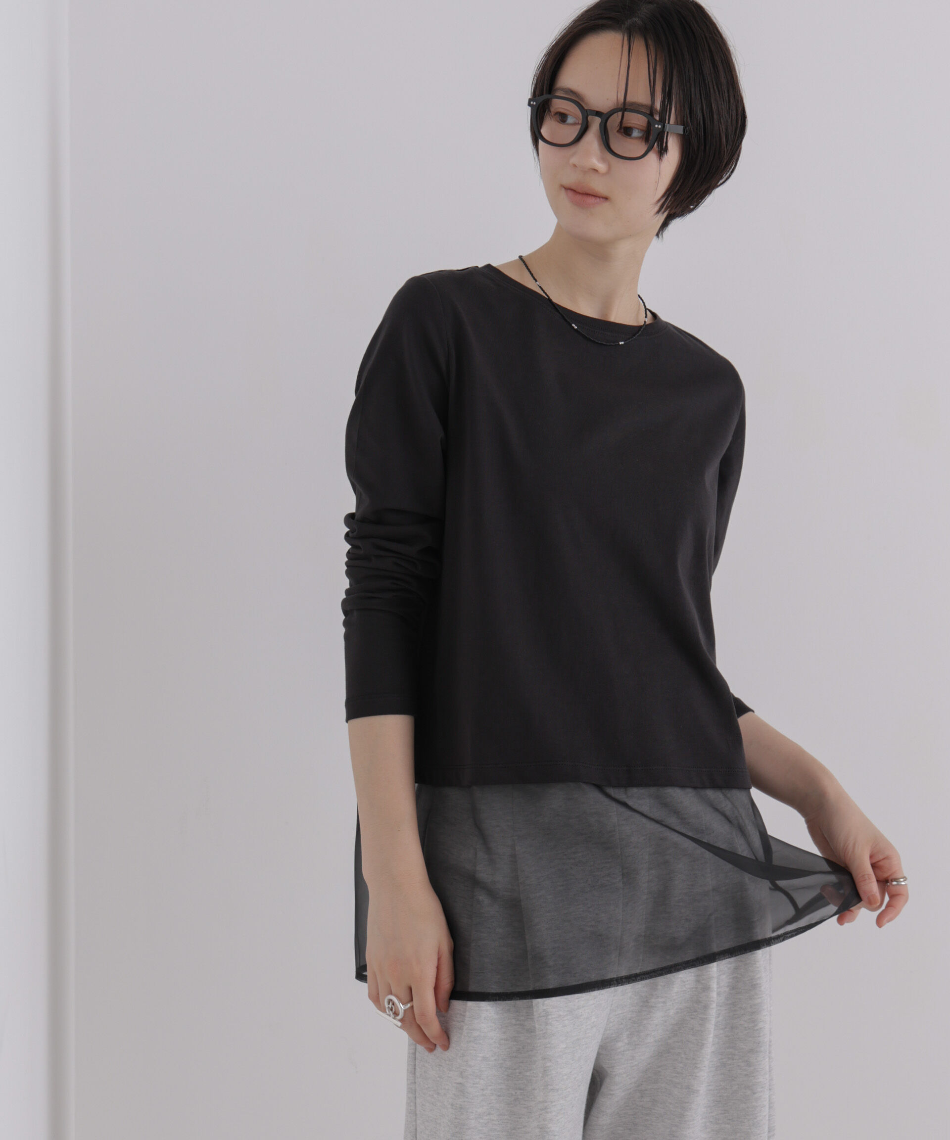 NANO universe「オーガンジーヘム切り替えロングスリーブTシャツ」|Tシャツ・カットソー|