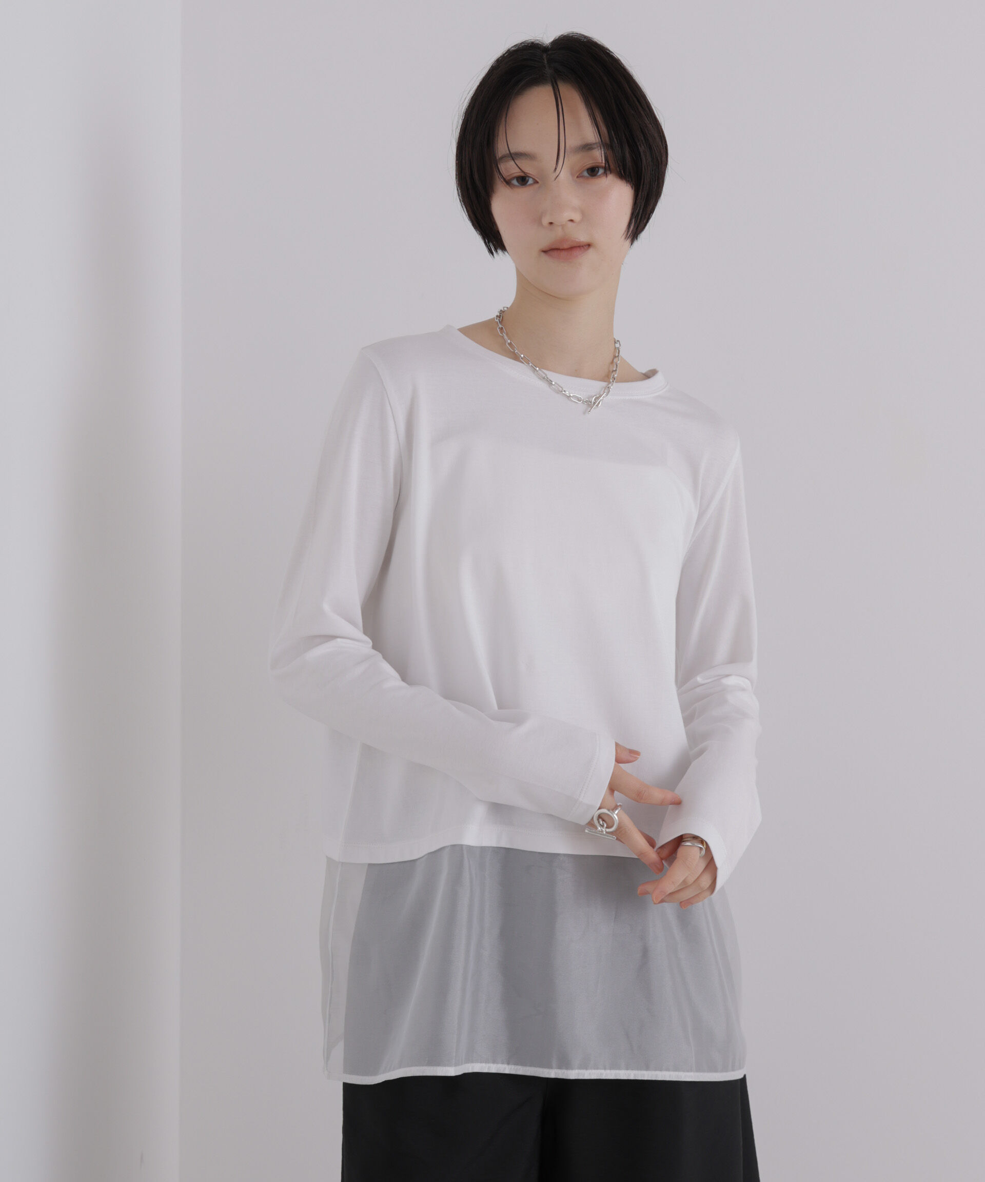 NANO universe「オーガンジーヘム切り替えロングスリーブTシャツ」|Tシャツ・カットソー|