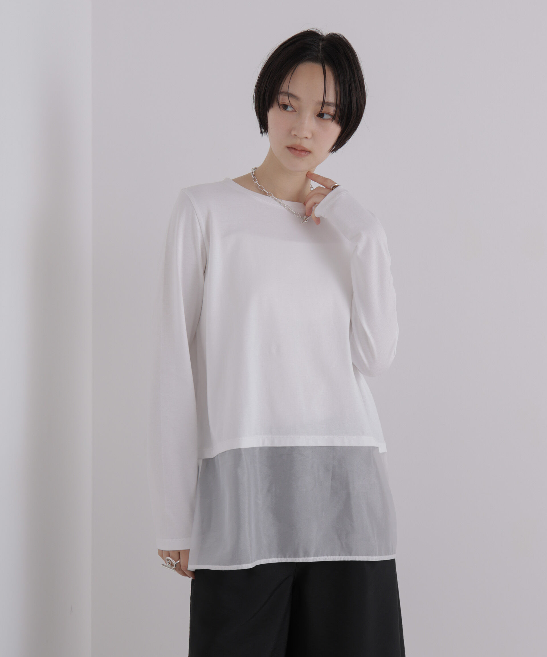 NANO universe「オーガンジーヘム切り替えロングスリーブTシャツ」|Tシャツ・カットソー|
