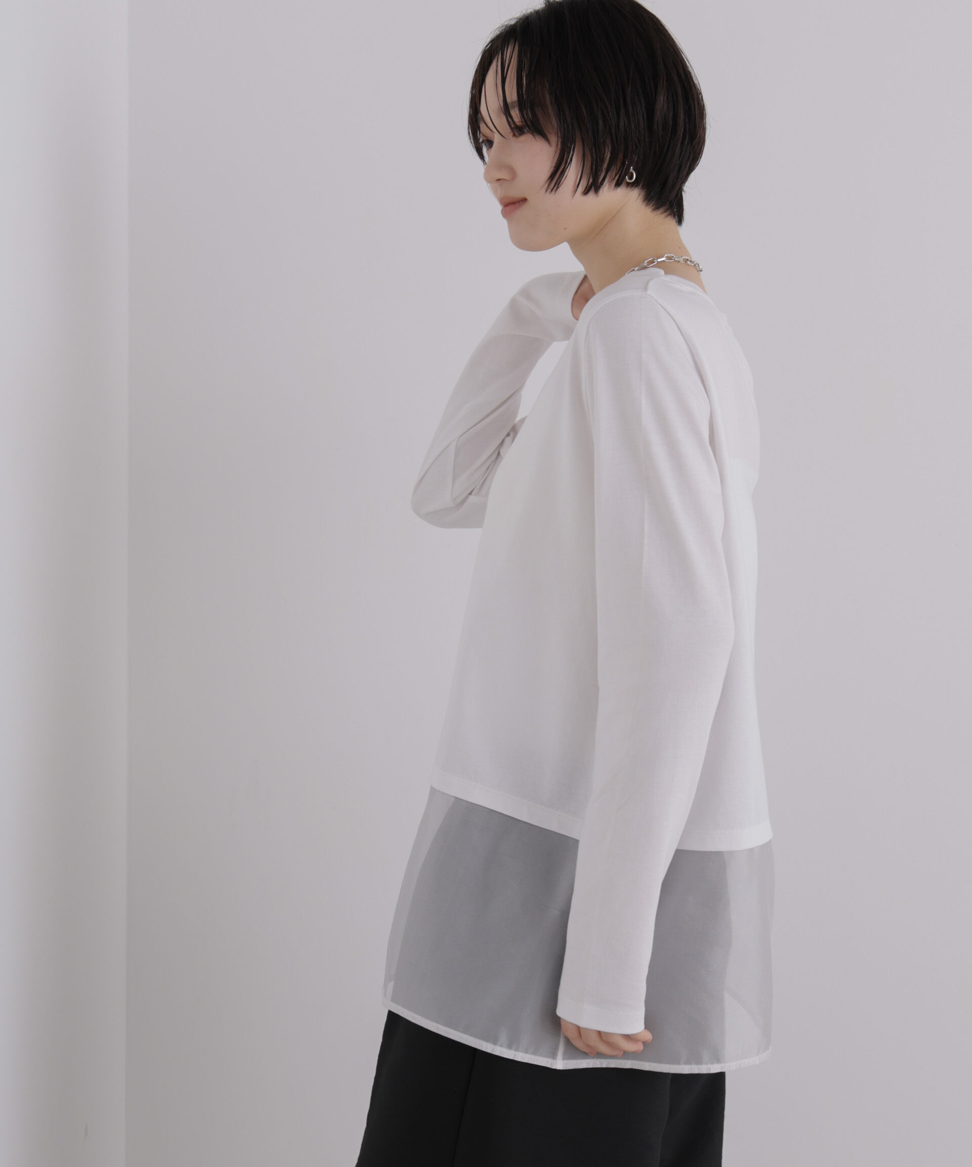 NANO universe「オーガンジーヘム切り替えロングスリーブTシャツ」|Tシャツ・カットソー|