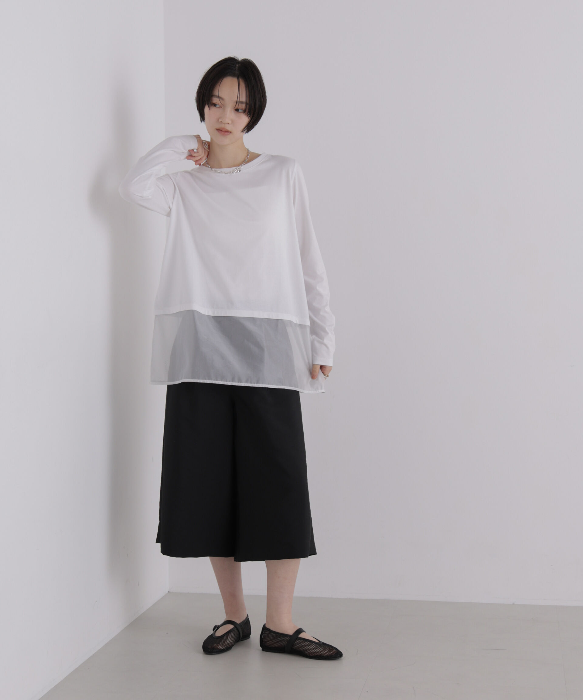 NANO universe「オーガンジーヘム切り替えロングスリーブTシャツ」|Tシャツ・カットソー|