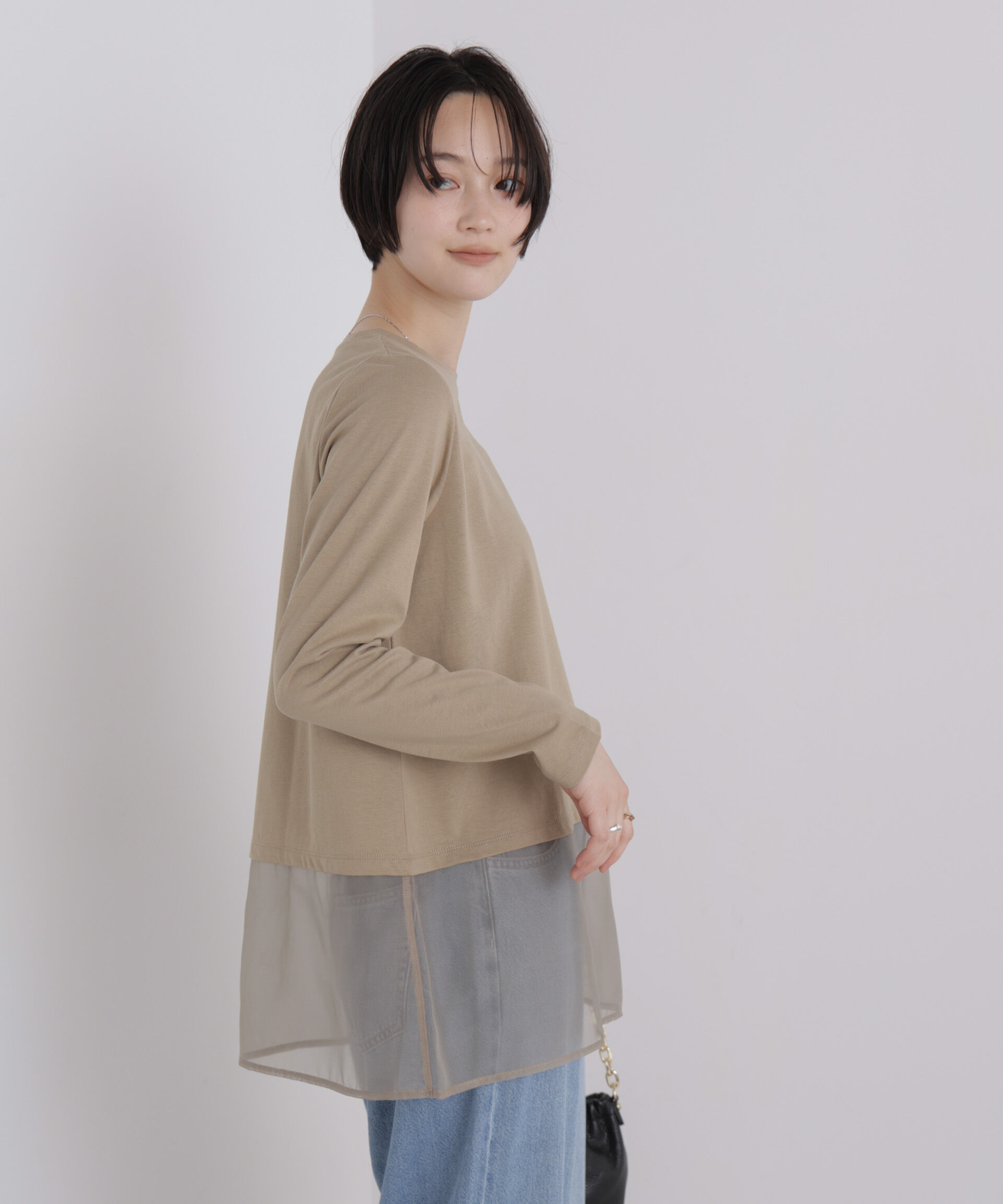 NANO universe「オーガンジーヘム切り替えロングスリーブTシャツ」|Tシャツ・カットソー|