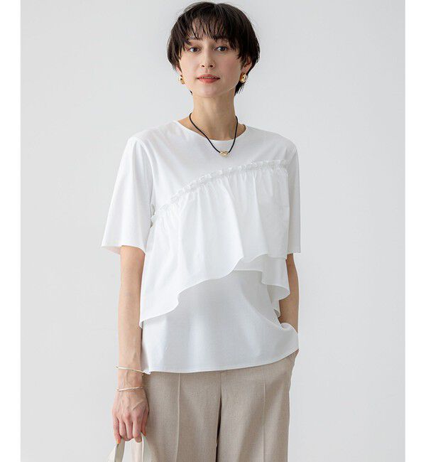 23区「【汗じみ防止/洗える】ランダムフリルジャージー ドッキング カットソー」|Tシャツ・カットソー|ホワイト系