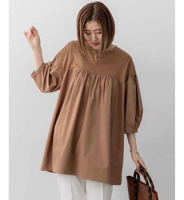 23区「【洗える】シルキータフタコンビ チュニック カットソー」|Tシャツ・カットソー|キャメル系