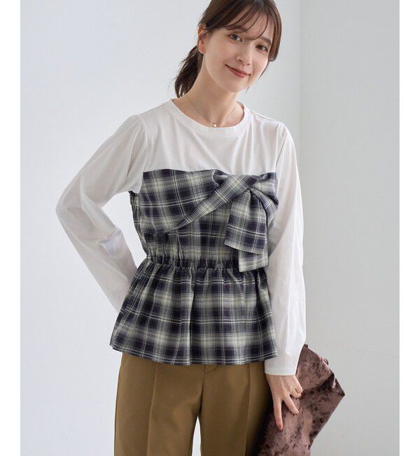 Rope&rsquo;Picnic「ビスチェドッキングチェックトップス」|Tシャツ・カットソー|ネイビー(40)