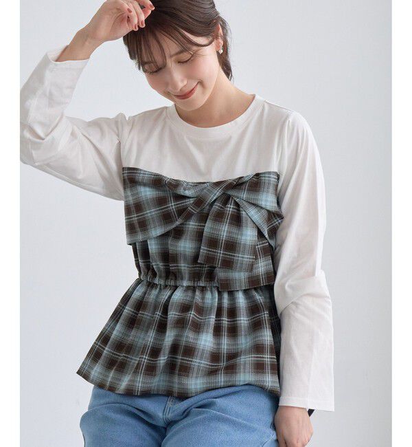 Rope&rsquo;Picnic「ビスチェドッキングチェックトップス」|Tシャツ・カットソー|サックス(48)