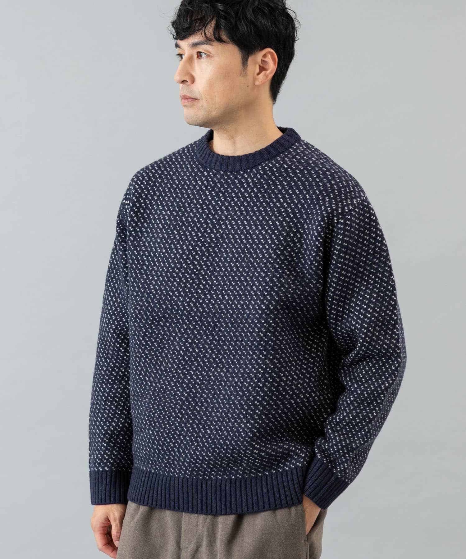 URBAN RESEARCH ROSSO「『XLサイズあり』バーズアイ柄クルーネックニット」|ニット・セーター|ネイビー