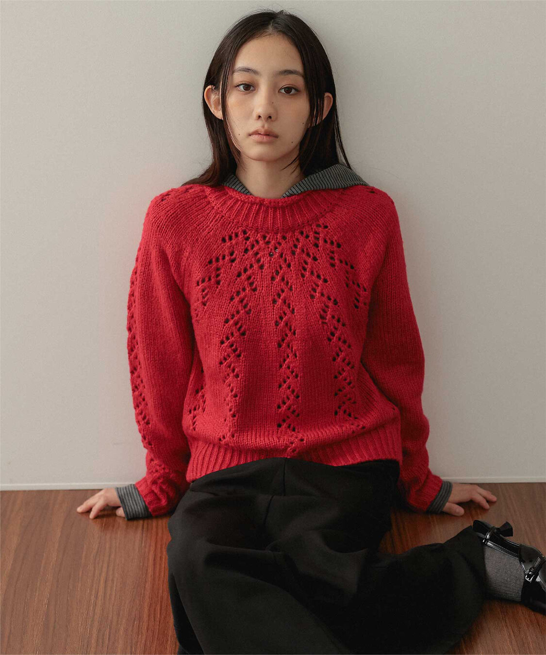 miette「アイレット編みニットプルオーバー」|ニット・セーター|レッド