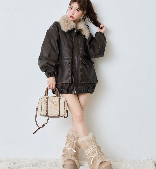  「【Premium order】リボン付きフェイクファー厚底ブーツ」|その他|