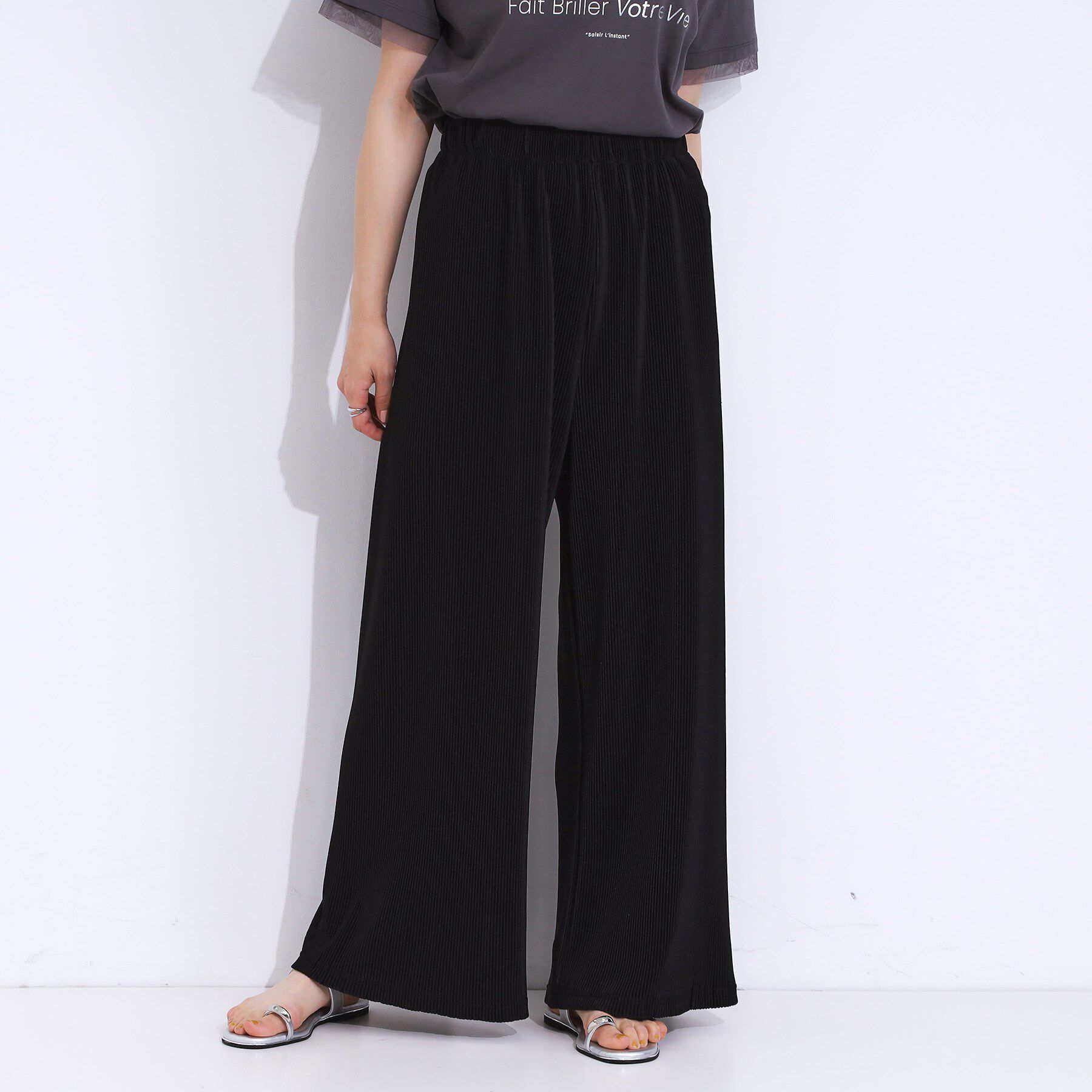 SHOO･LA･RUE「【洗濯機可/柄が選べる】さらさら楽ちん プリーツ ワイドパンツ」|その他|ブラック(019)