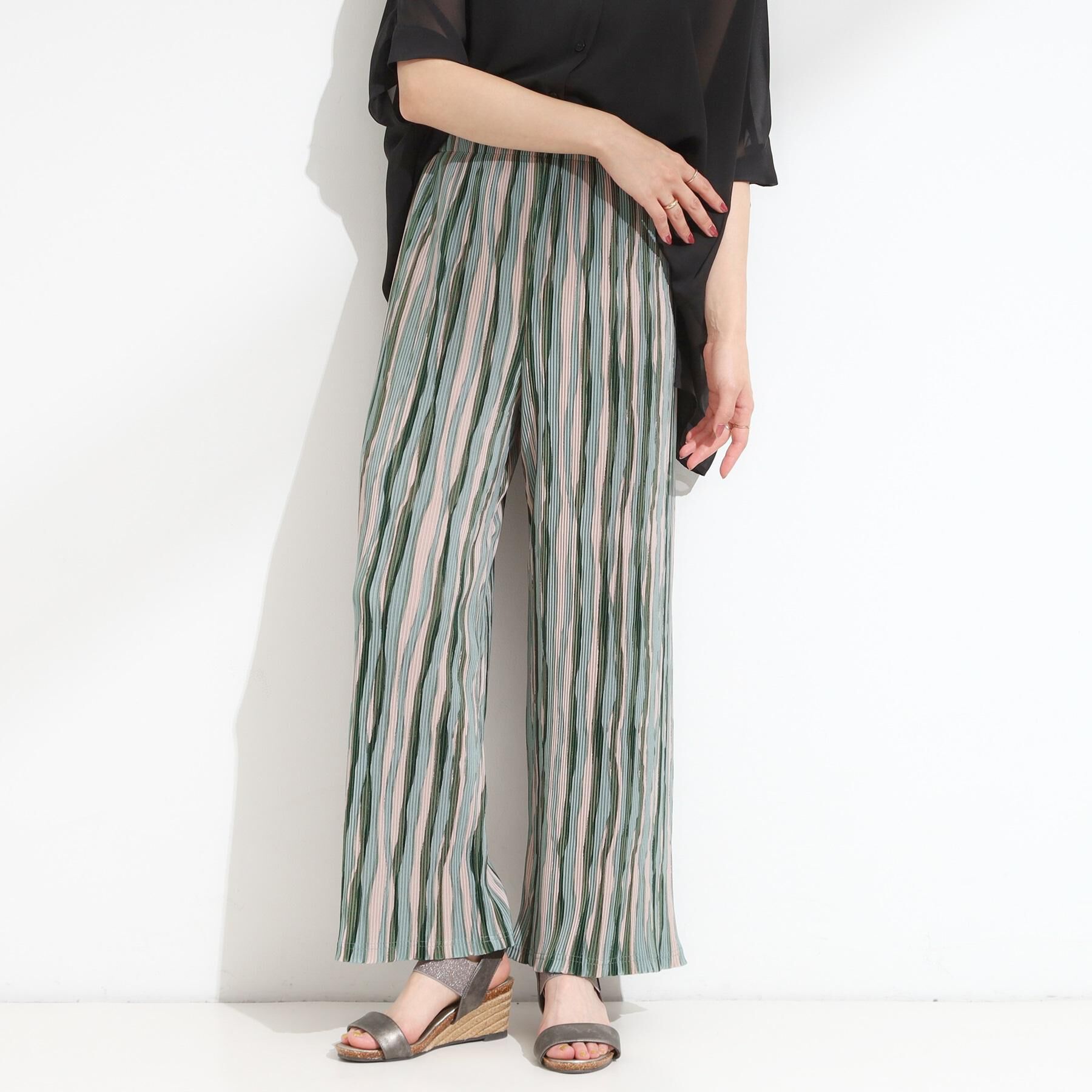 SHOO･LA･RUE「【洗濯機可/柄が選べる】さらさら楽ちん プリーツ ワイドパンツ」|その他|グリーン(322)