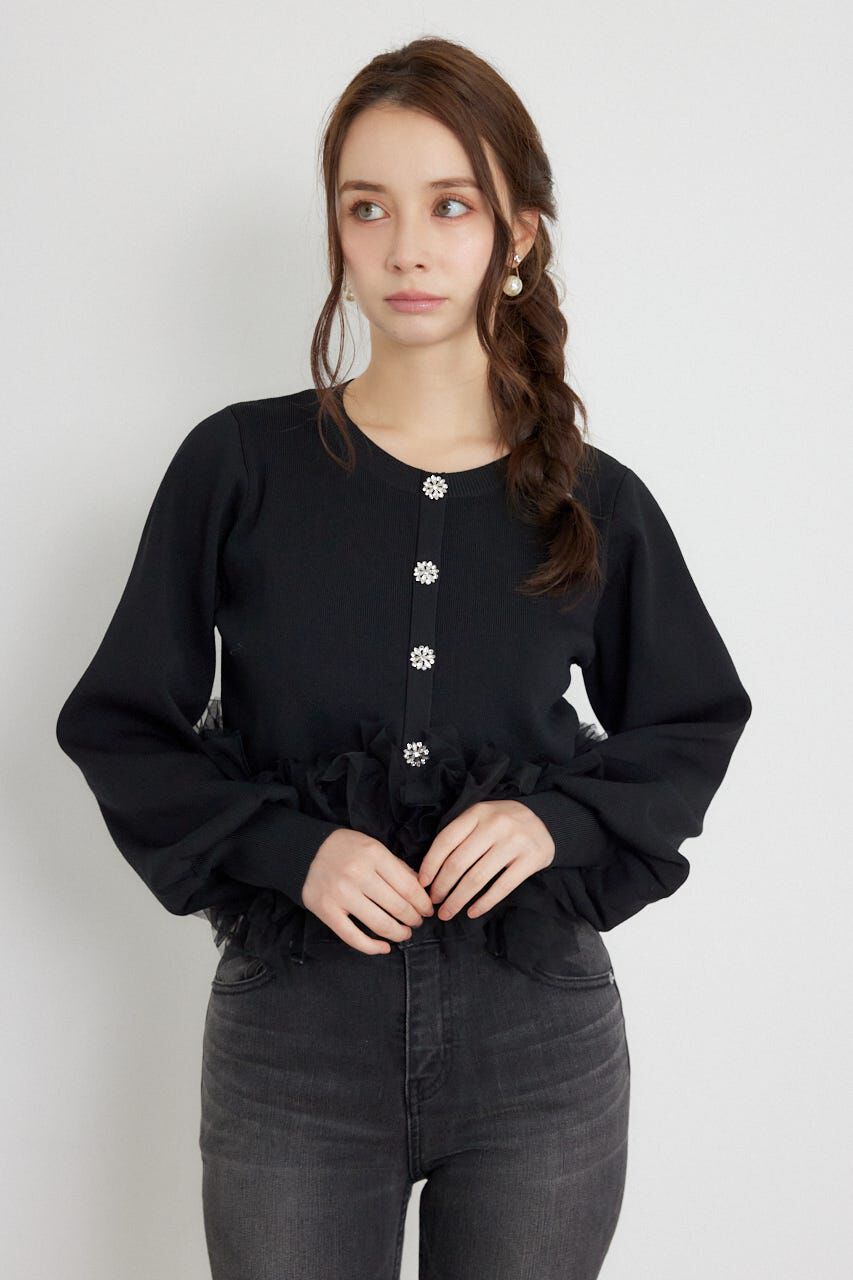 rienda「チュールコンビニットトップス」|ニット・セーター|BLK