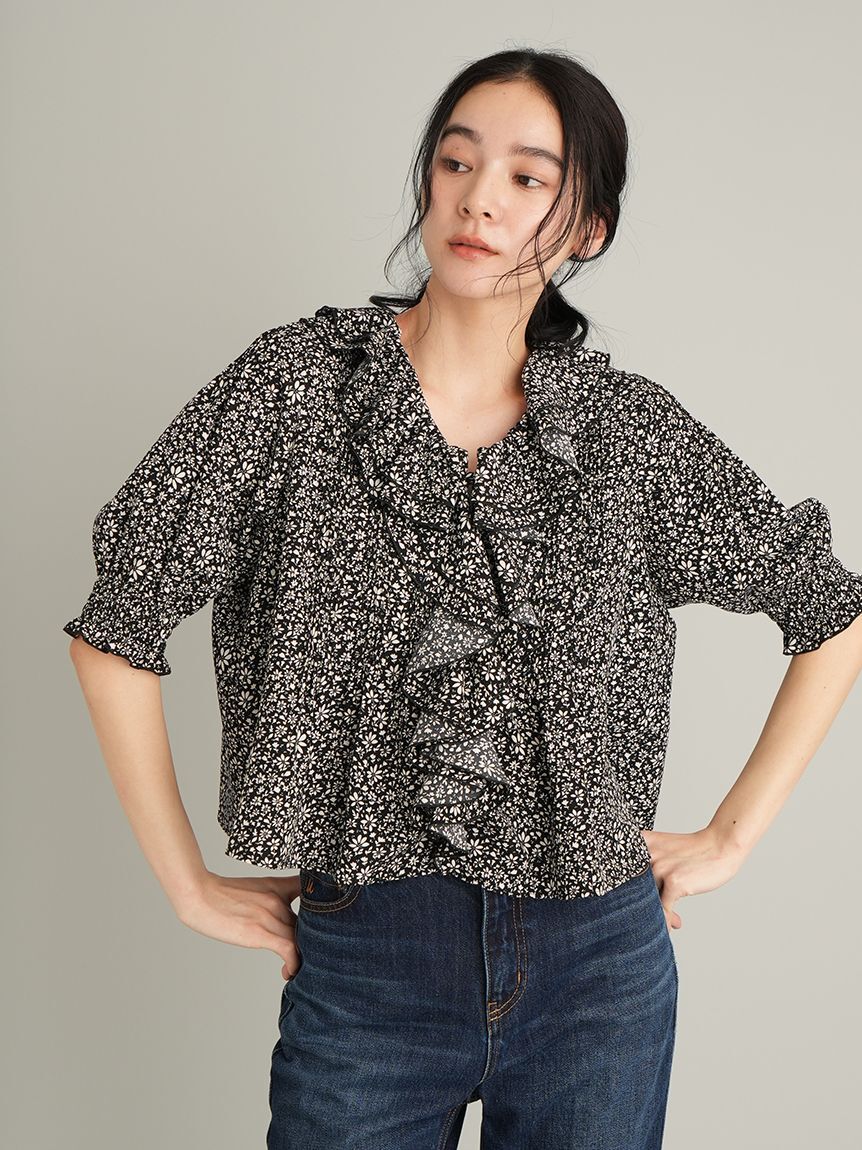 Mila Owen「【ウォッシャブル】フラワー柄ラッフルブラウス」|シャツ・ブラウス|BLK