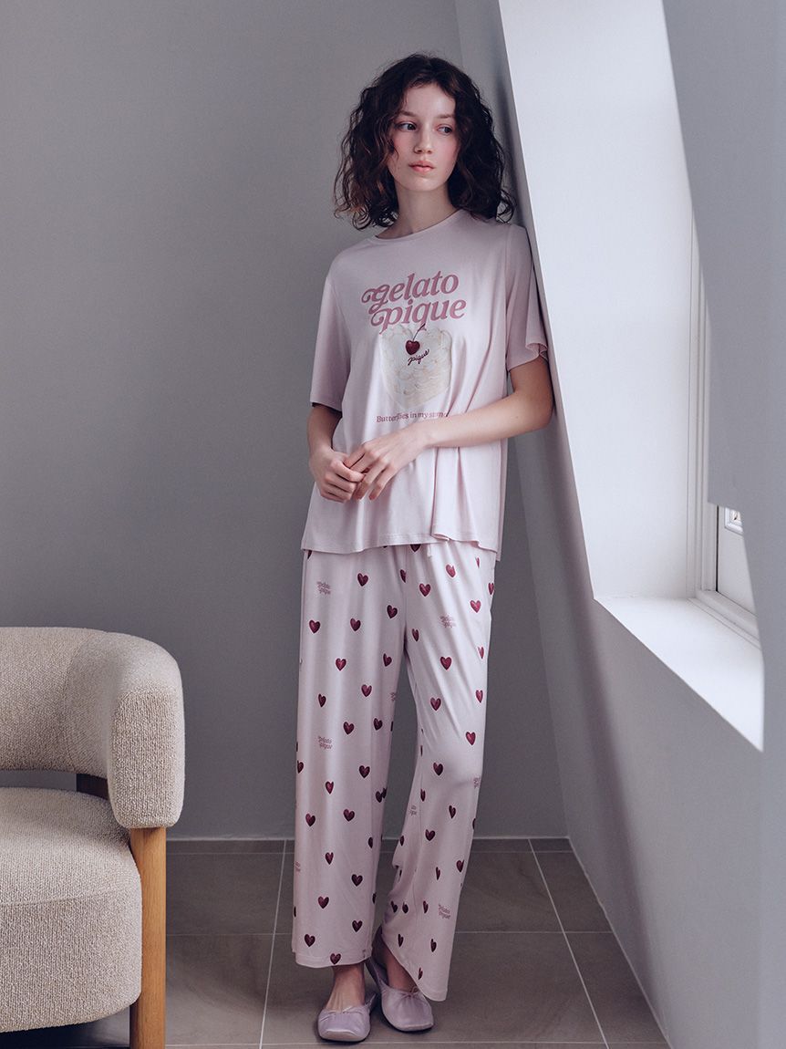 gelato pique「【ONLINE限定】【接触冷感】ケーキワンポイントTシャツ&ハート柄ロングパンツセット」|ルームウェア|