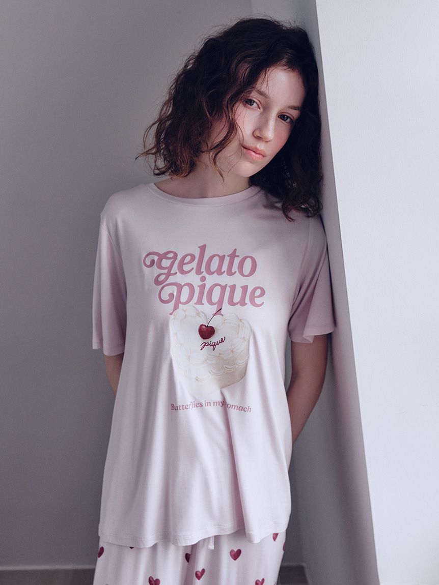 gelato pique「【ONLINE限定】【接触冷感】ケーキワンポイントTシャツ&ハート柄ロングパンツセット」|ルームウェア|
