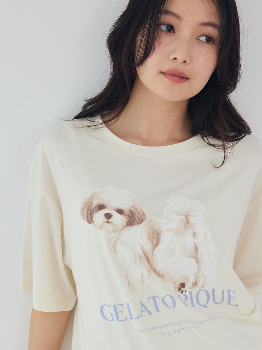 gelato pique「【接触冷感】【UVカット】お散歩ドッグワンポイントTシャツ」|ルームウェア|