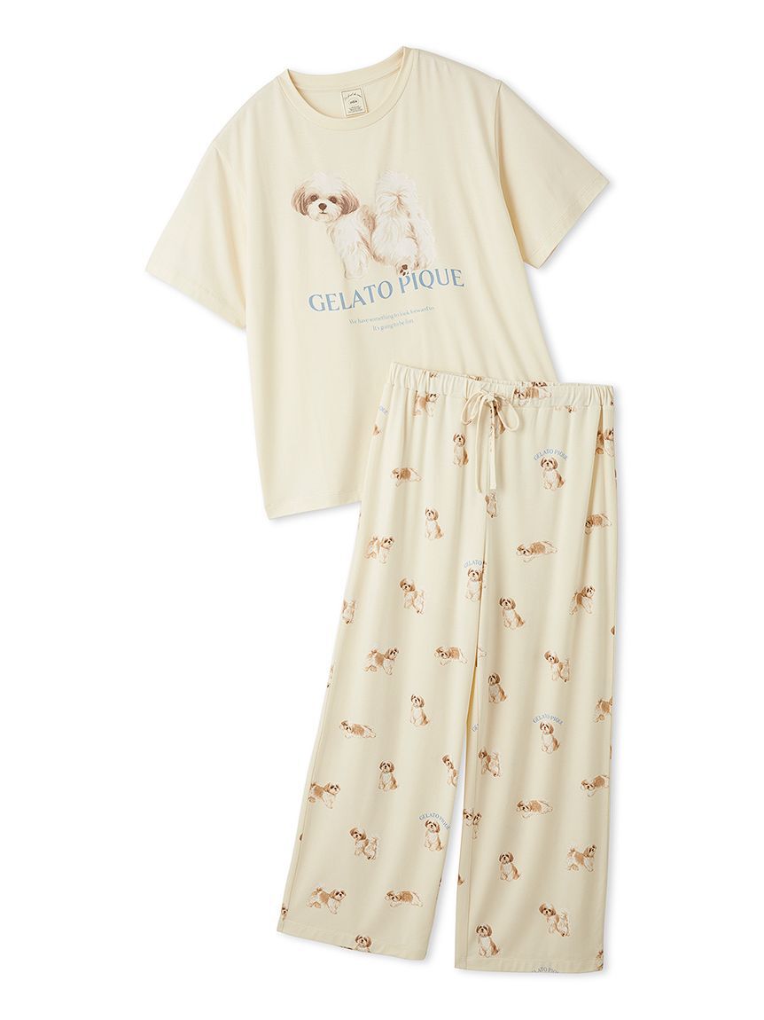 gelato pique「【ONLINE限定】【接触冷感】【UVカット】お散歩ドッグワンポイントTシャツ&ロングパンツセット」|ルームウェア|CRM