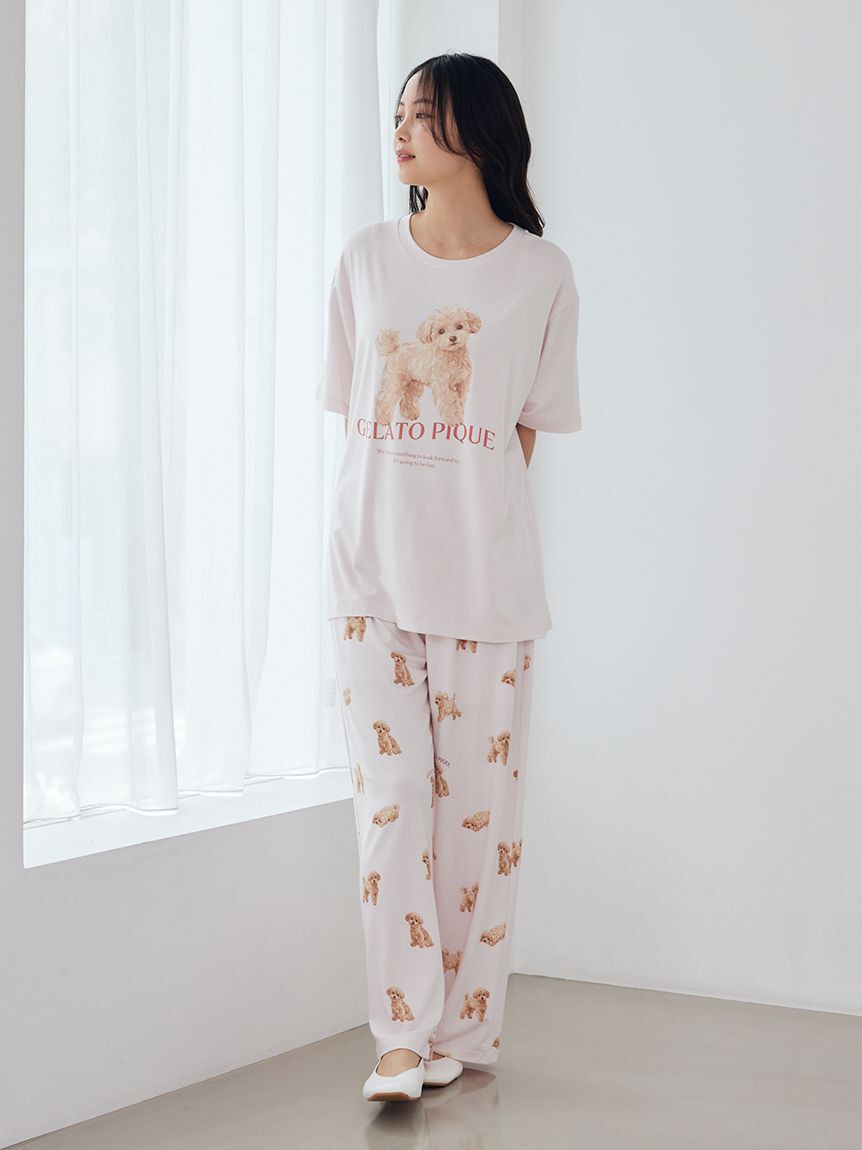 gelato pique「【ONLINE限定】【接触冷感】【UVカット】お散歩ドッグワンポイントTシャツ&ロングパンツセット」|ルームウェア|