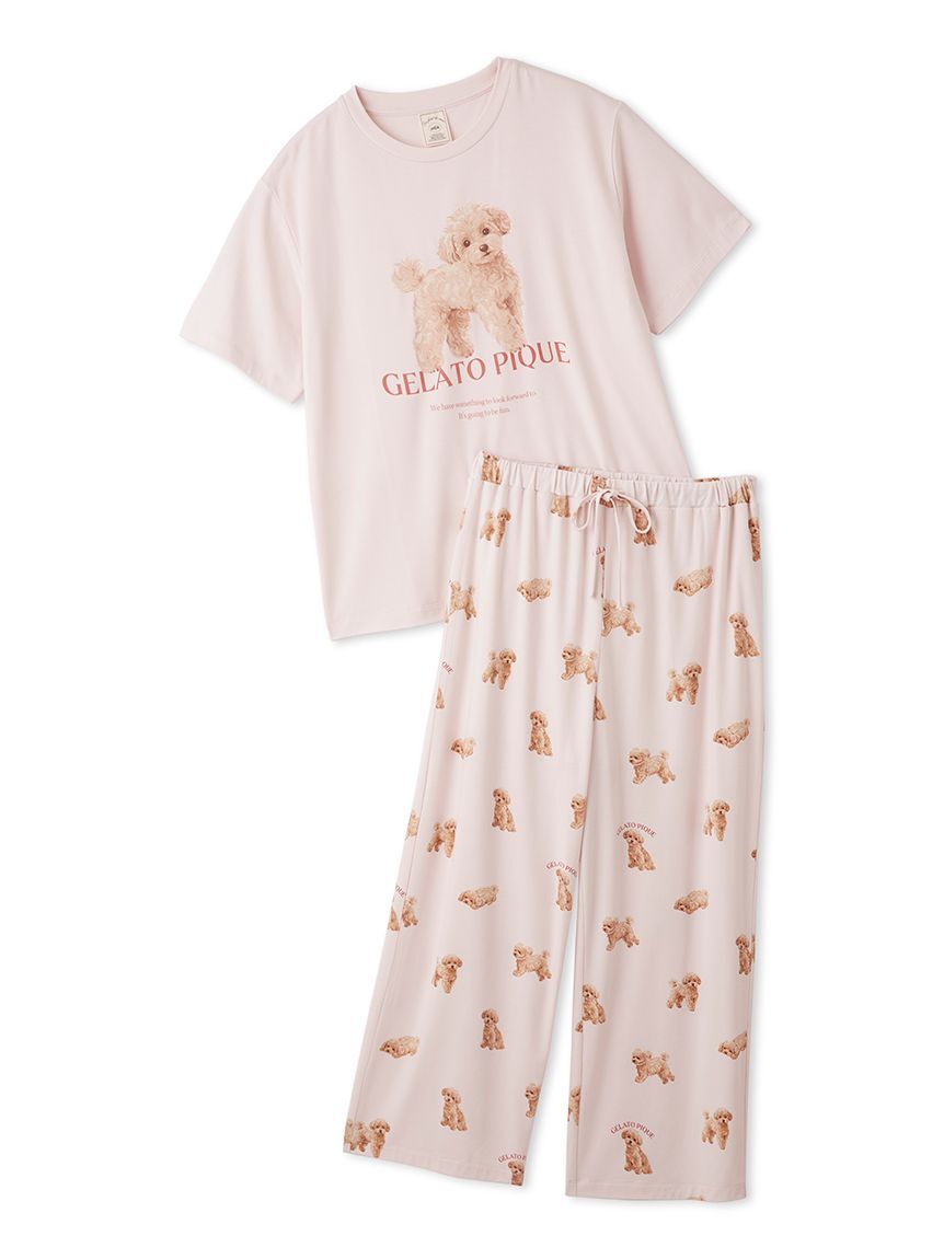 gelato pique「【ONLINE限定】【接触冷感】【UVカット】お散歩ドッグワンポイントTシャツ&ロングパンツセット」|ルームウェア|