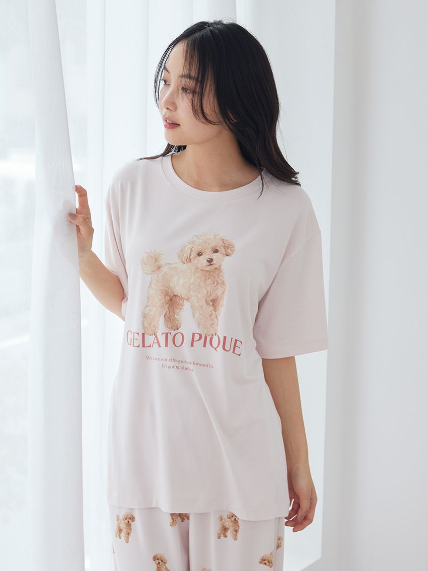 gelato pique「【ONLINE限定】【接触冷感】【UVカット】お散歩ドッグワンポイントTシャツ&ロングパンツセット」|ルームウェア|